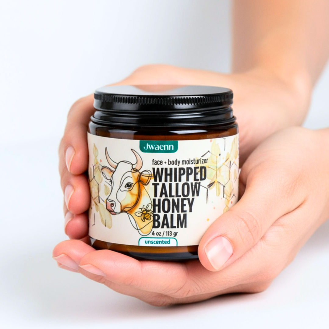 Jwaenn Whipped Tallow Honey Balm in a glass jar, a potent natural skincare essential.