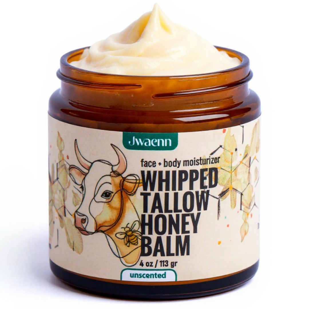 Jwaenn Whipped Tallow Honey Balm in a glass jar, a potent natural skincare essential.