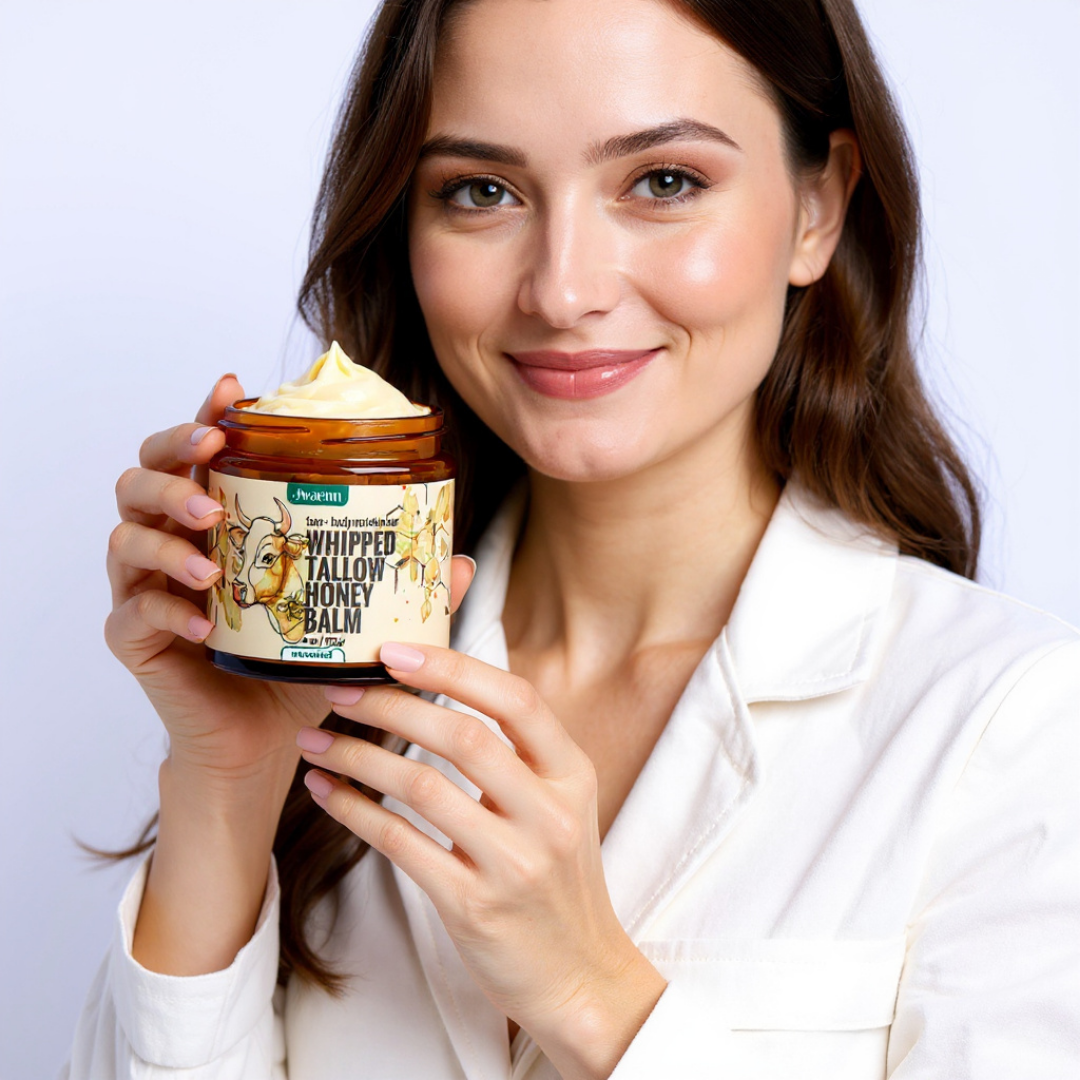 Jwaenn Whipped Tallow Honey Balm in a glass jar, a potent natural skincare essential.