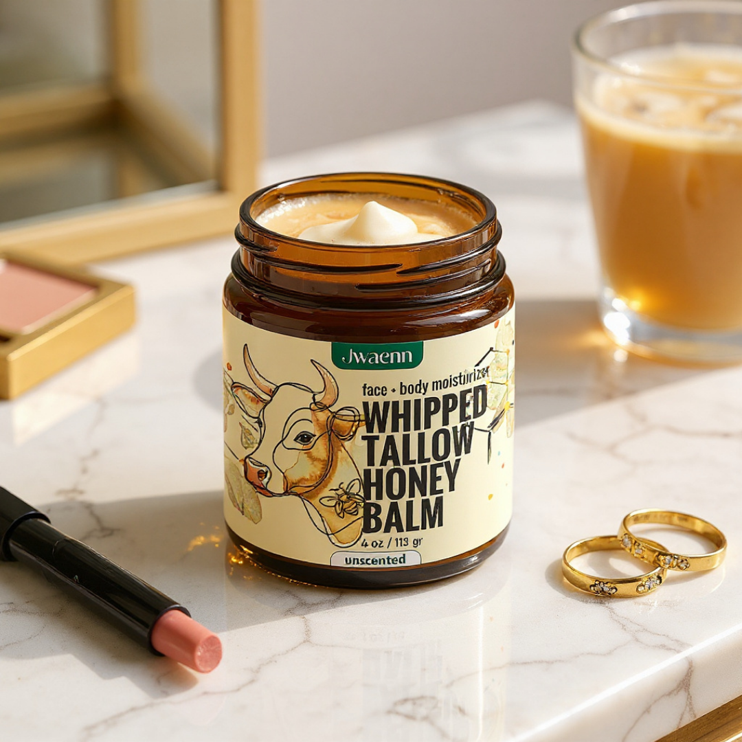 Jwaenn Whipped Tallow Honey Balm in a glass jar, a potent natural skincare essential.