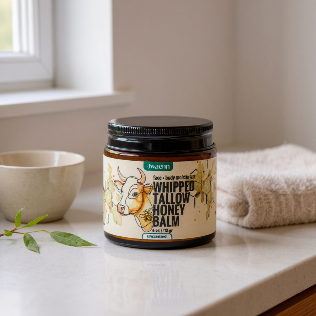 Jwaenn Whipped Tallow Honey Balm in a glass jar, a potent natural skincare essential.
