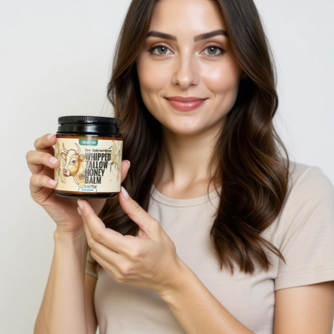 Woman smiling after using Jwaenn Tallow Balm, showing smooth, glowing, clean skin.