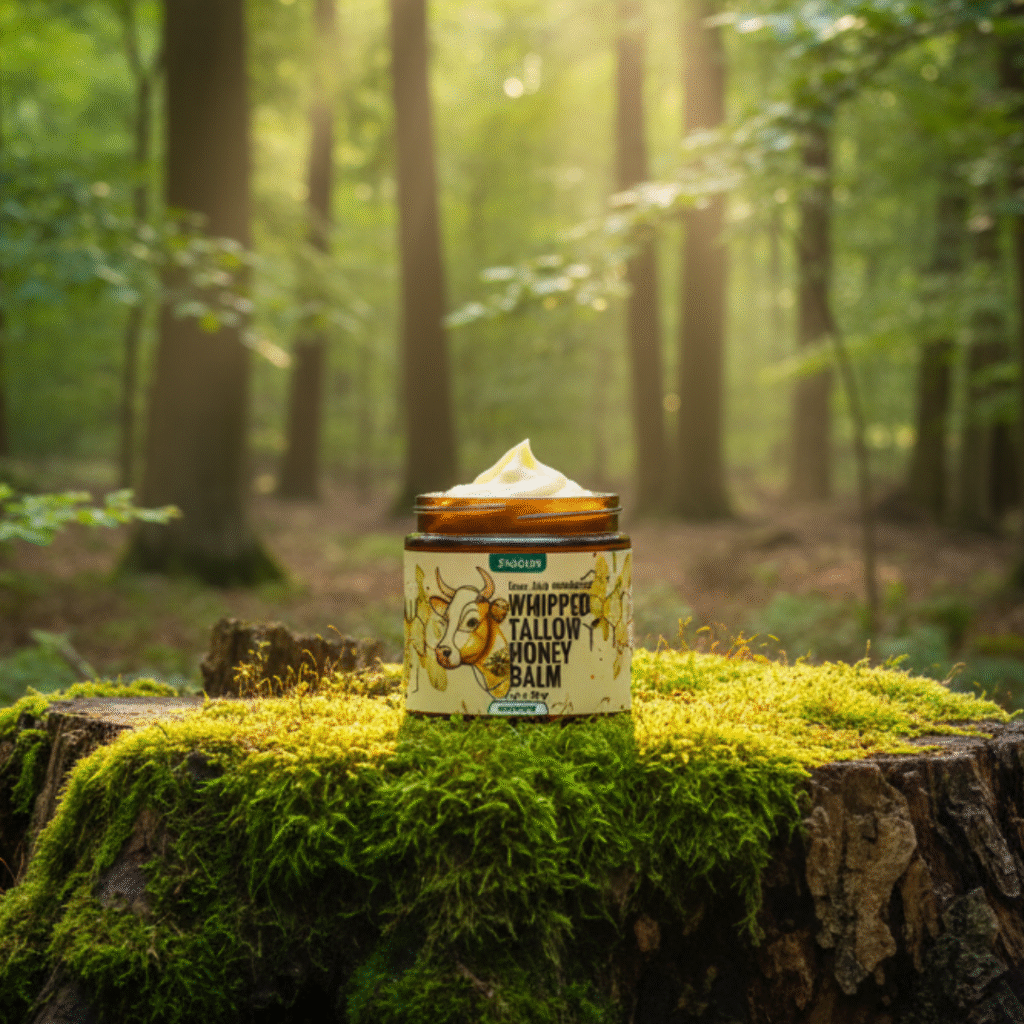 Jwaenn Whipped Tallow Honey Balm in a glass jar, a potent natural skincare essential.