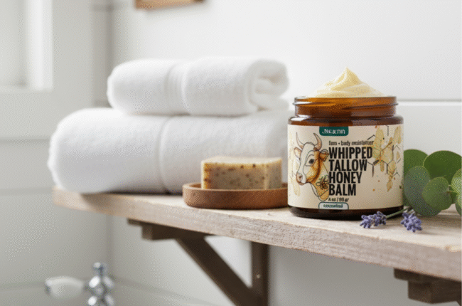 Jwaenn Whipped Tallow Honey Balm in a glass jar, a potent natural skincare essential.