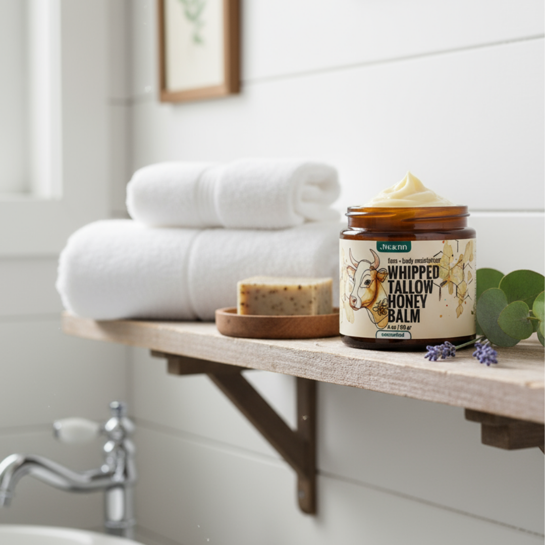 Jwaenn Whipped Tallow Honey Balm in a glass jar, a potent natural skincare essential.