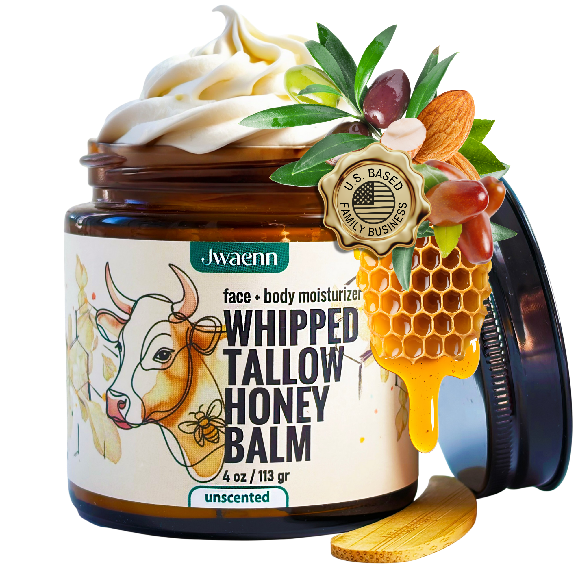 Jwaenn Whipped Tallow Honey Balm in a glass jar, a potent natural skincare essential.